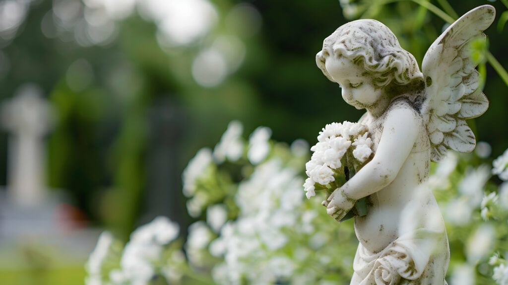 Angel statue at the cemetery, with white flowers on blurry green background, copy space for text, funeral concept