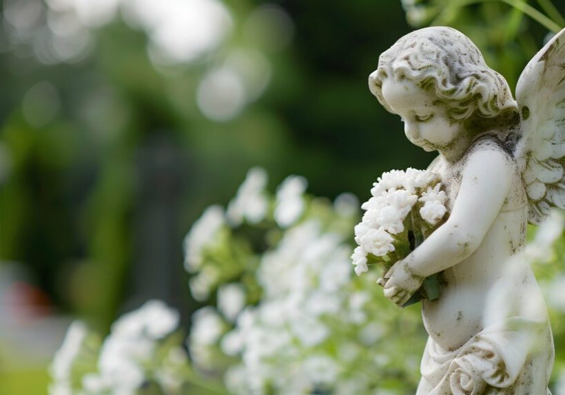 Angel statue at the cemetery, with white flowers on blurry green background, copy space for text, funeral concept