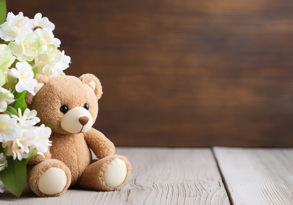 Teddy bear and white flower on wooden background accompany sympathetic card
